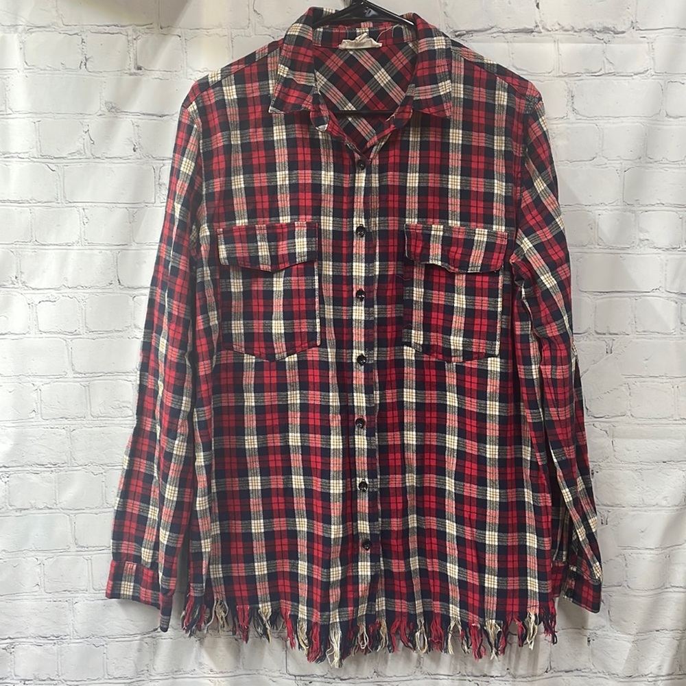 Entro plaid flannel fringe bottom button large shirt